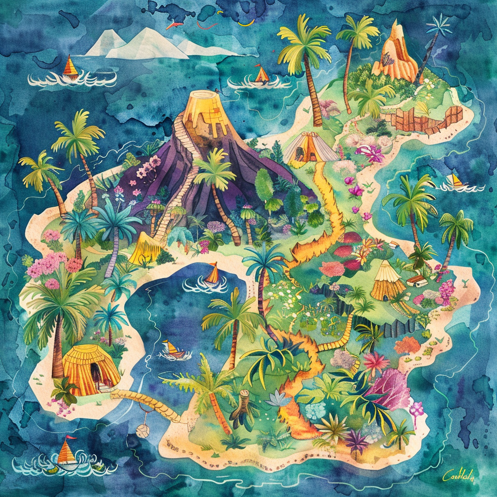 Vibrant watercolor map fantasy island