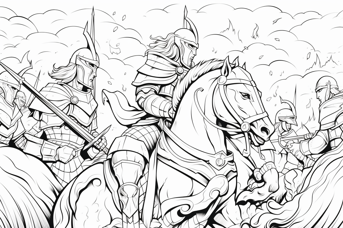 Coloring page of knights battling fantasy creatures