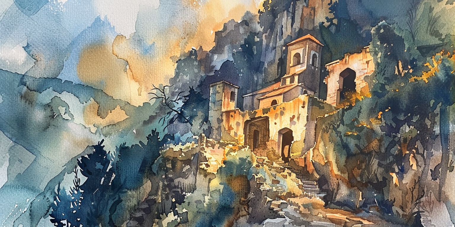 Fantasy landscape ruins watercolor art