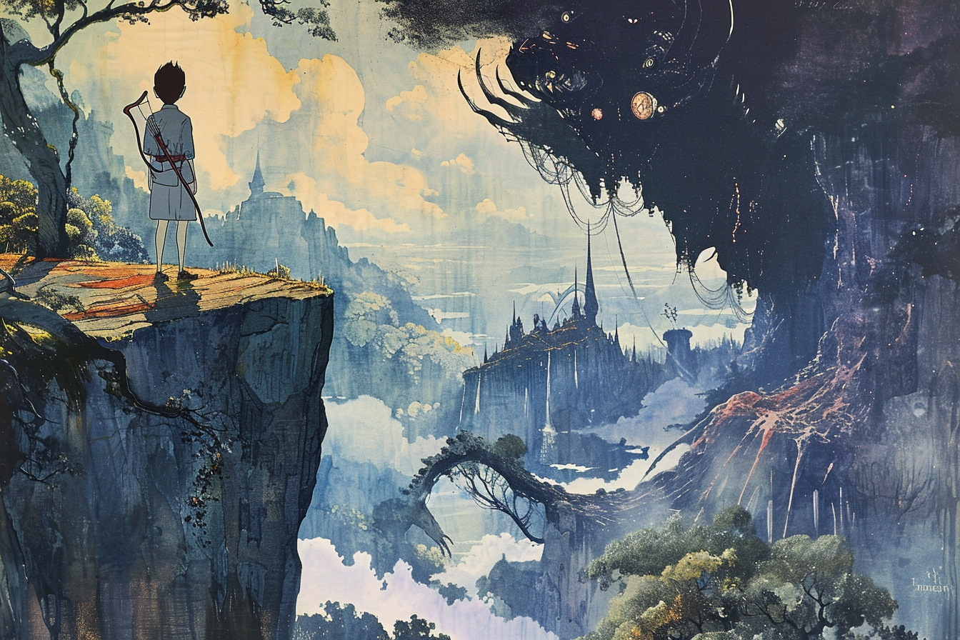 Fantasy Lithograph with Boy on Ledge