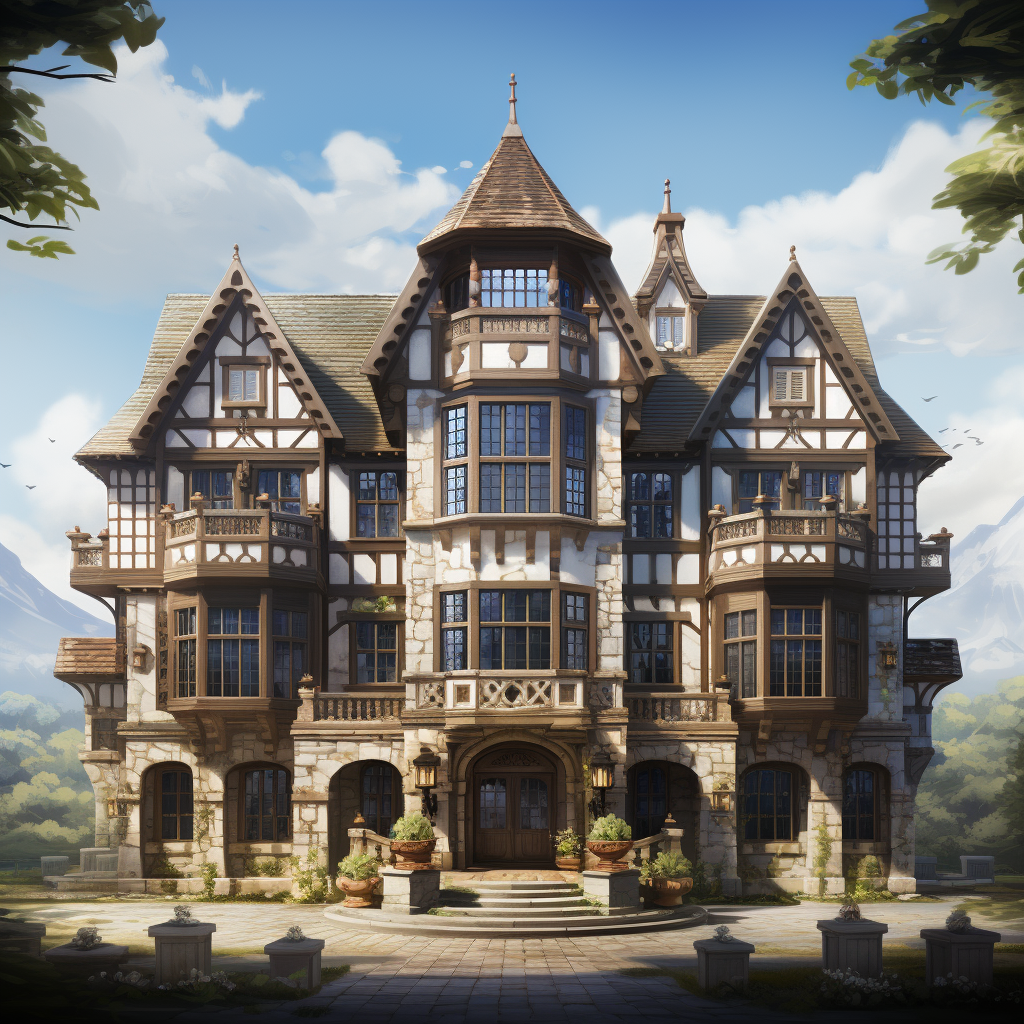 Exterior view of grand fantasy mansion