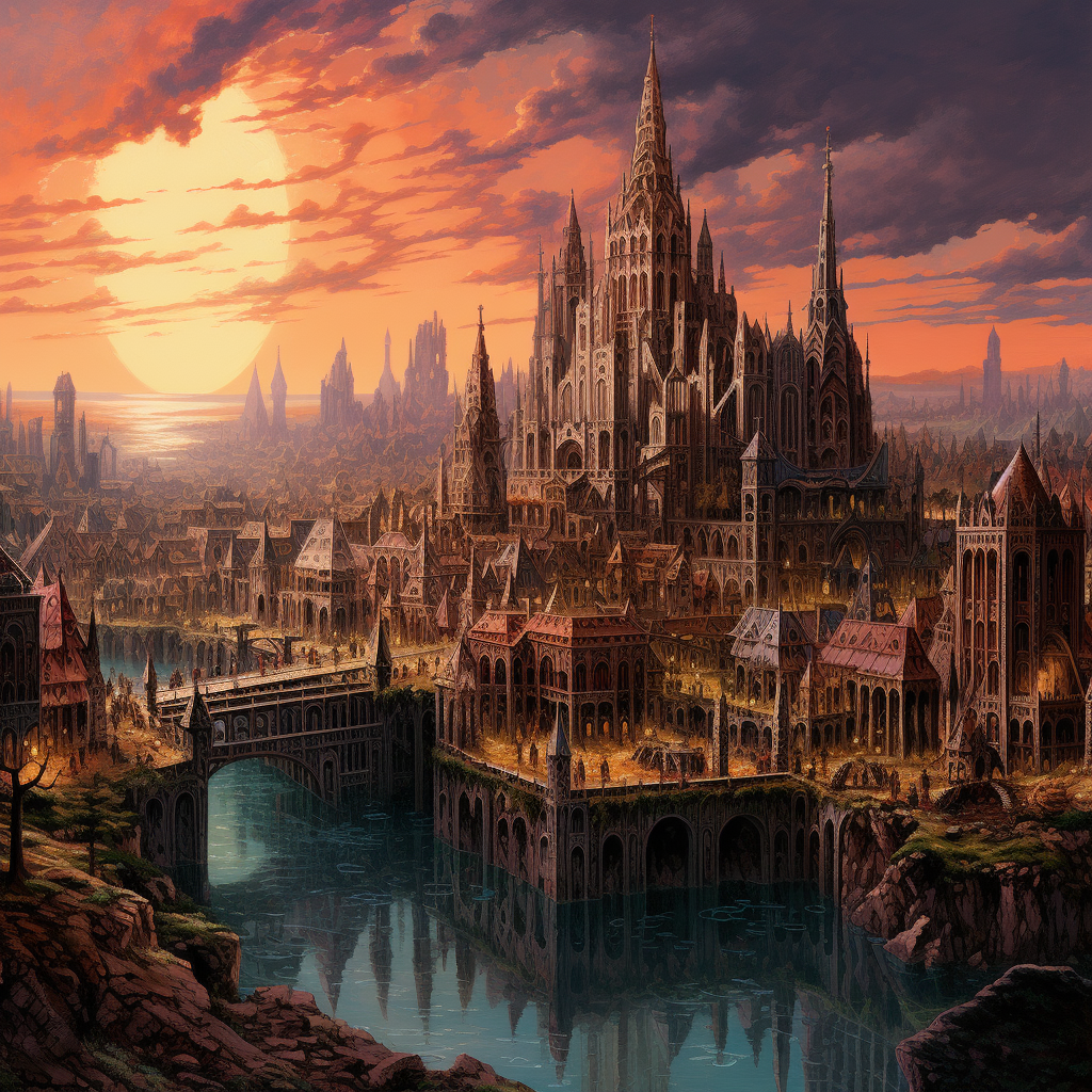 Colorful 80s-style fantasy medieval city drawing