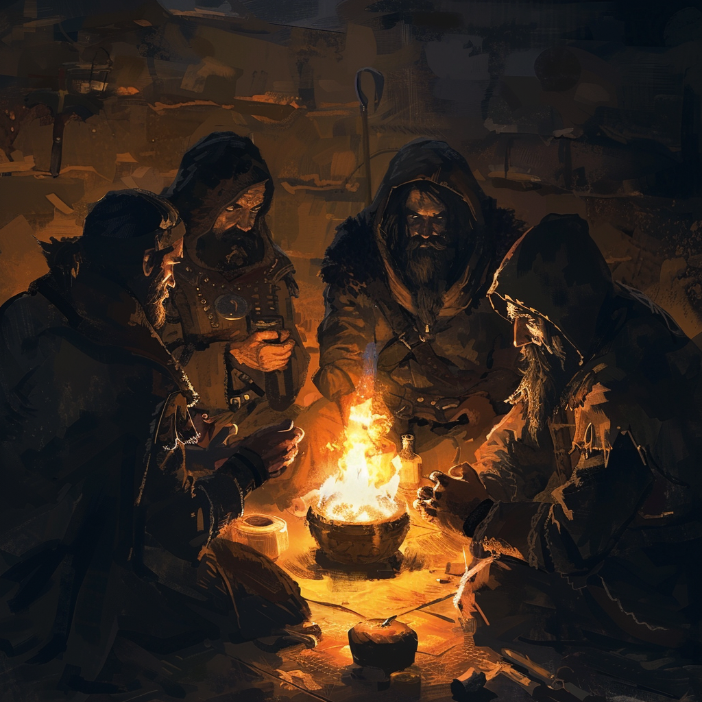 Medieval fantasy conspiracy preparation illustration