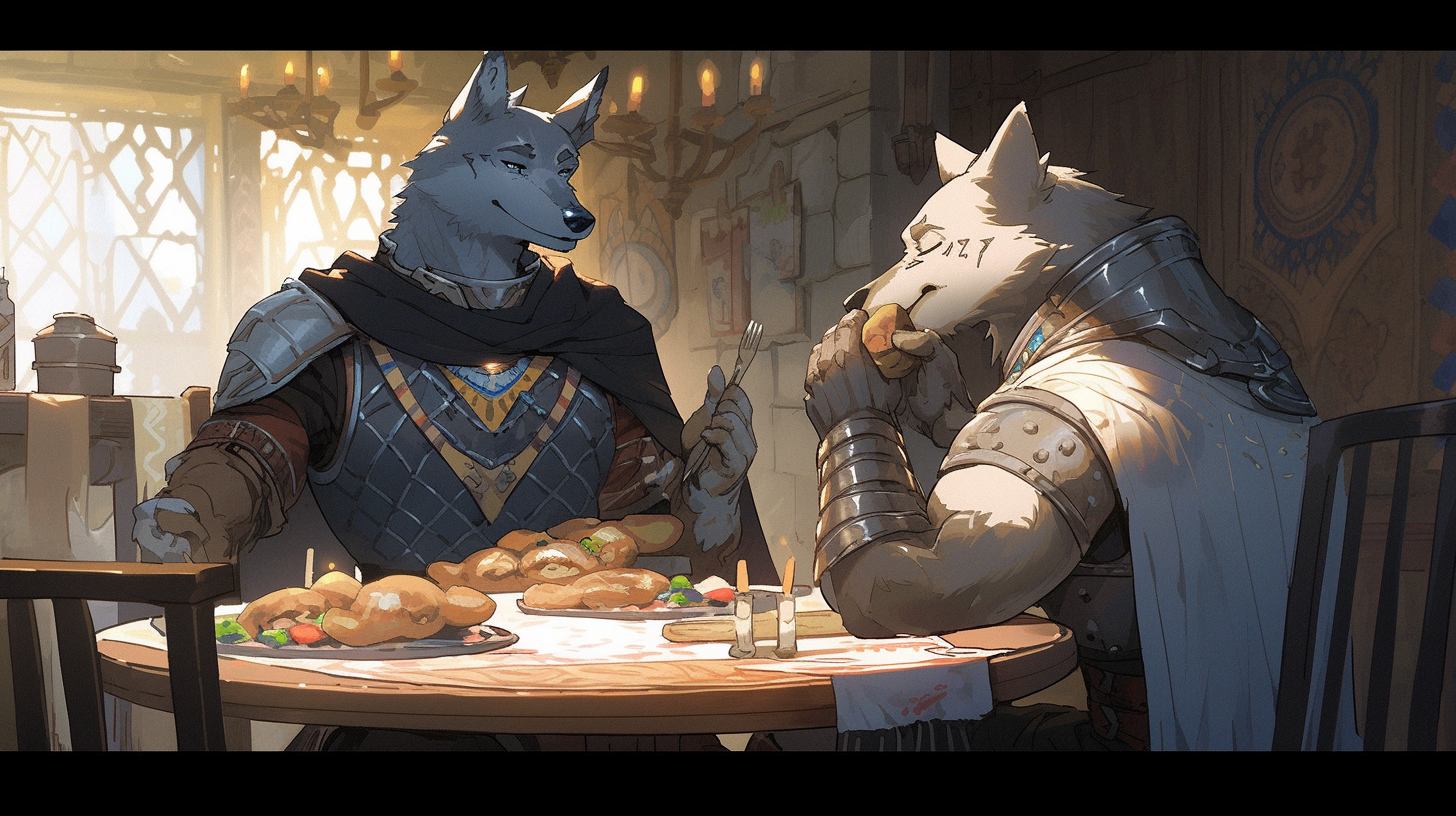 Wolf and Human Enjoying Lunch at Medieval Cafe