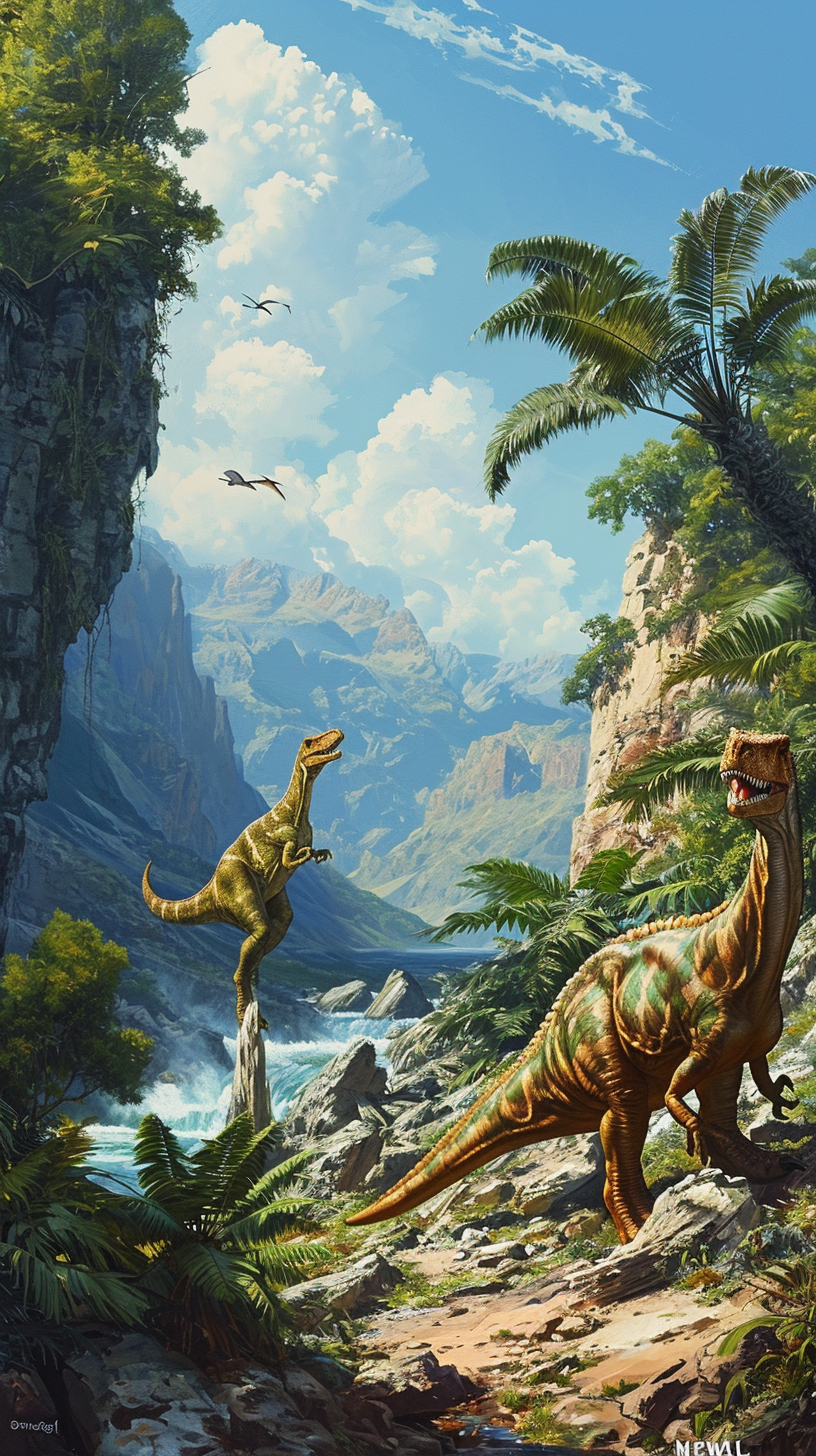 Surrealistic depiction of dinosaurs in nature