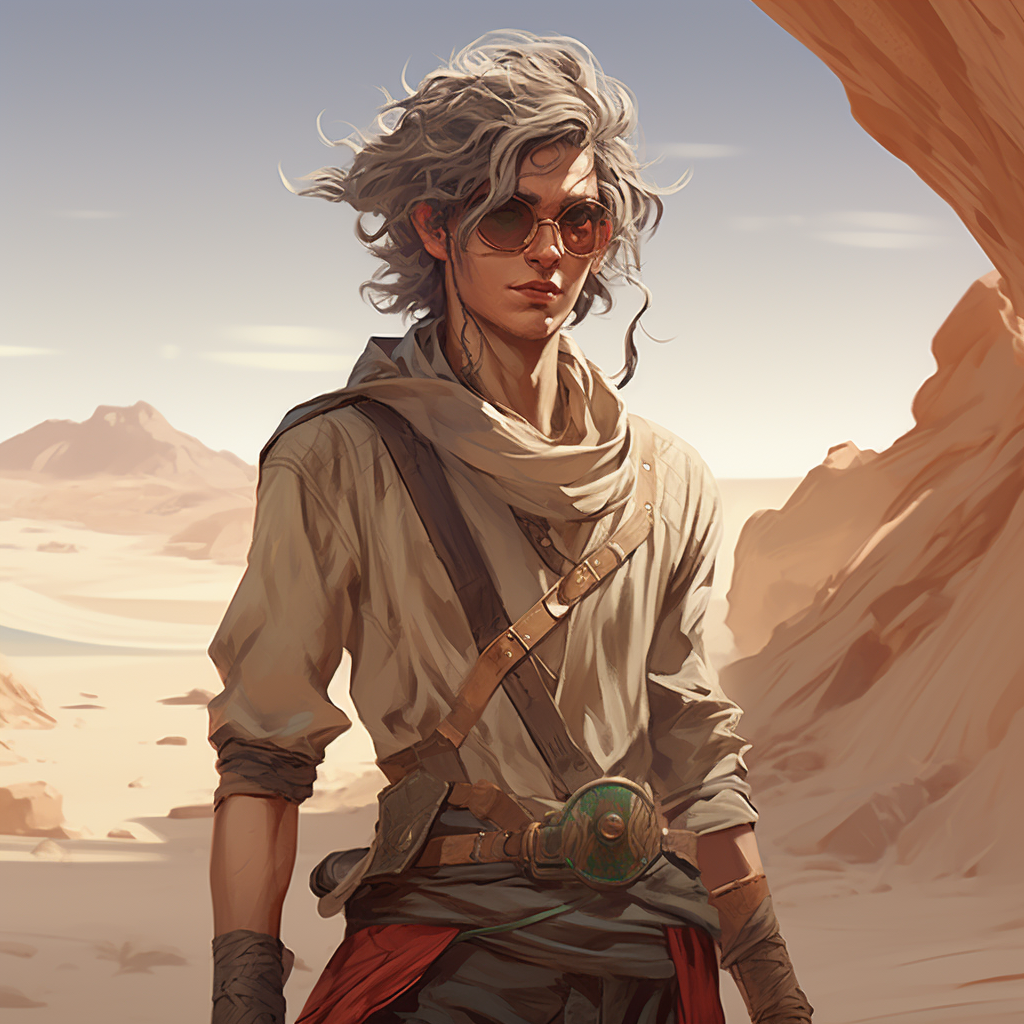 Desert elf with glasses in fantasy Pathfinder attire