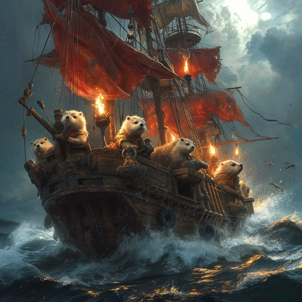 Fantasy pirate ship with otter crew sailing