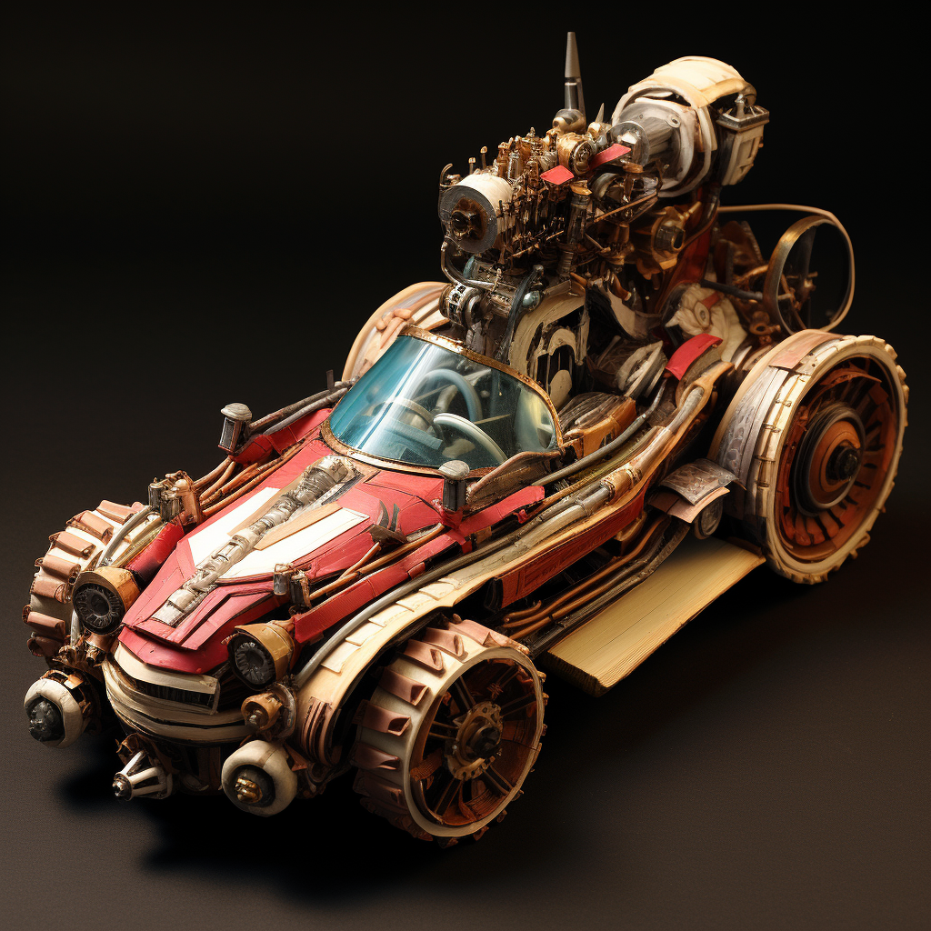 Fantasy rocket engine car made of books