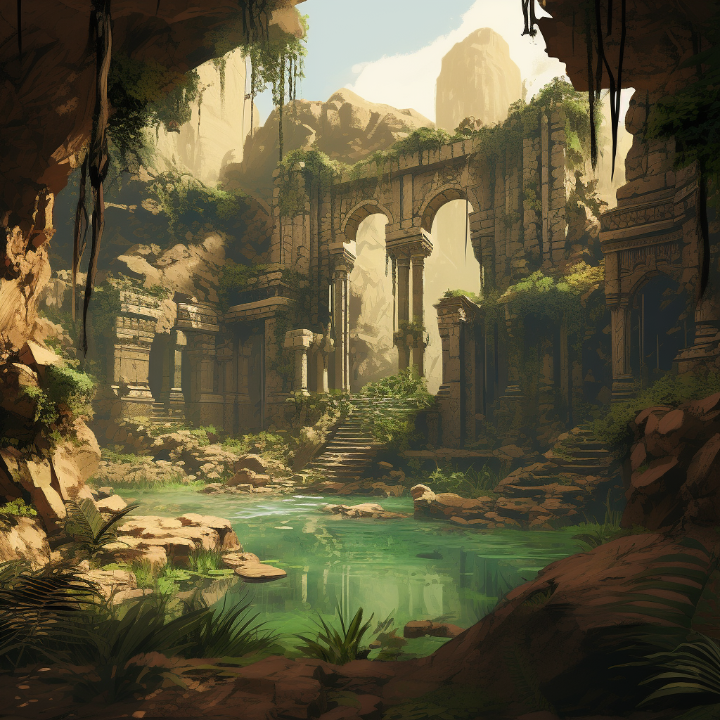 Ruined temple in desert oasis with green plants