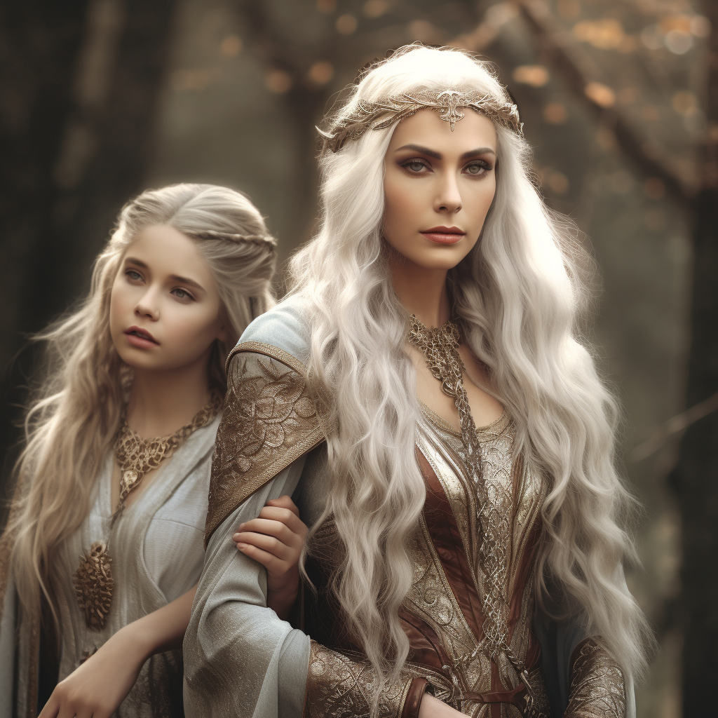 Elderly Queen and Silver Elf Daughters in Fantasy Setting