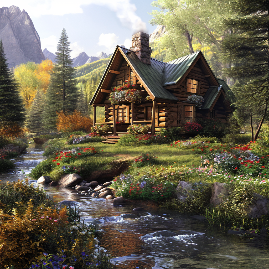 Fantasy stream log cabin with front porch