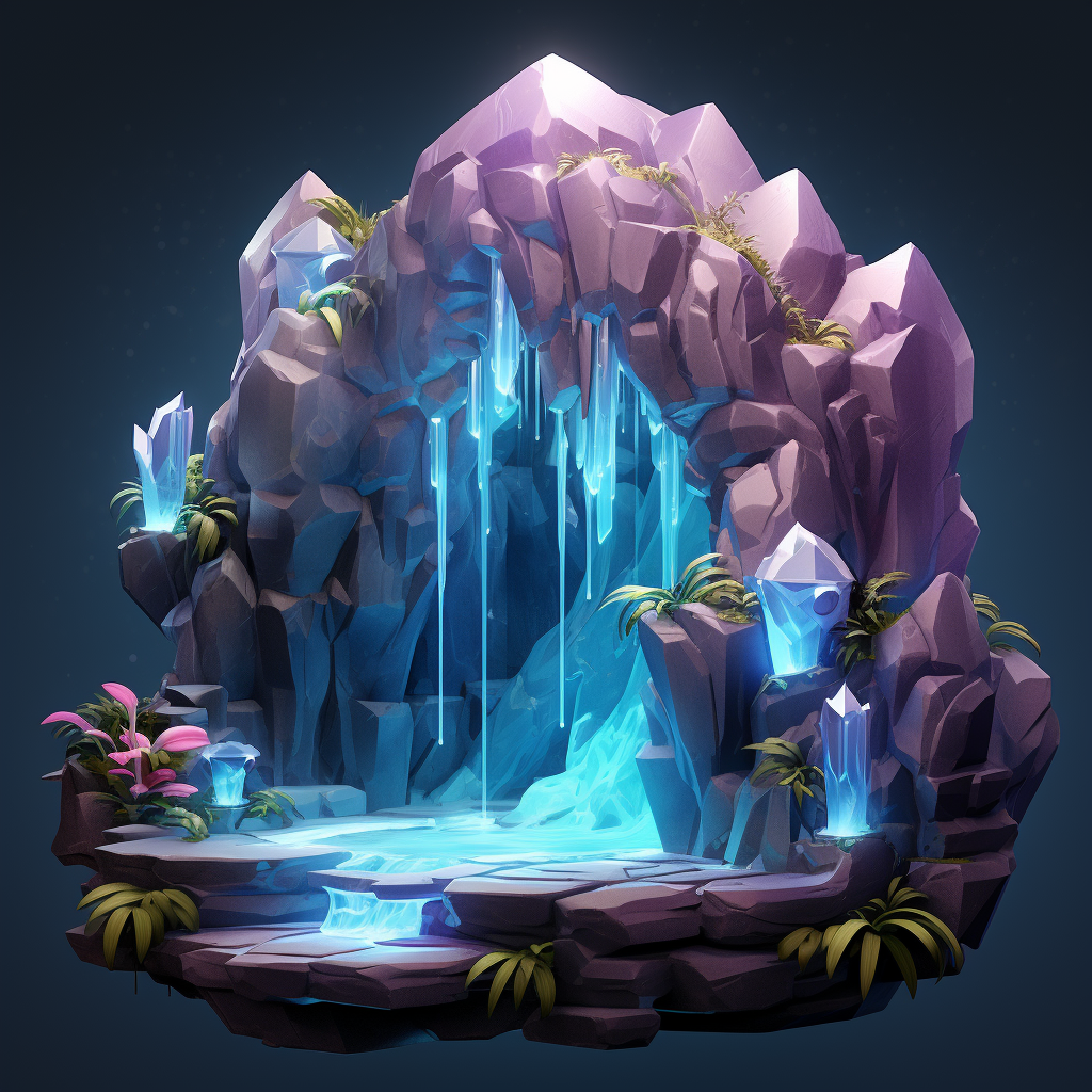 Fantasy cave with glowing crystals and waterfall