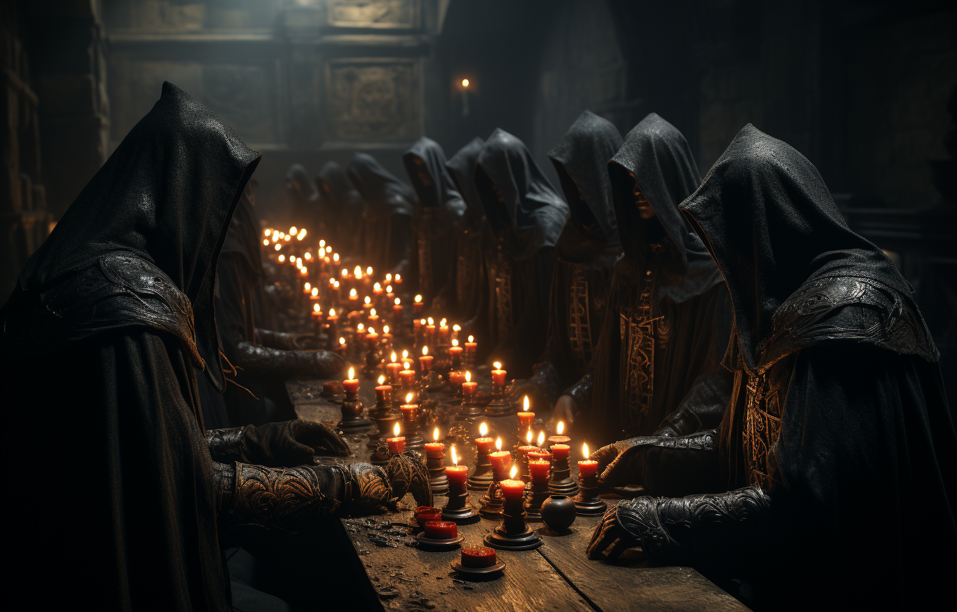 Group of robed and hooded men performing summoning ritual