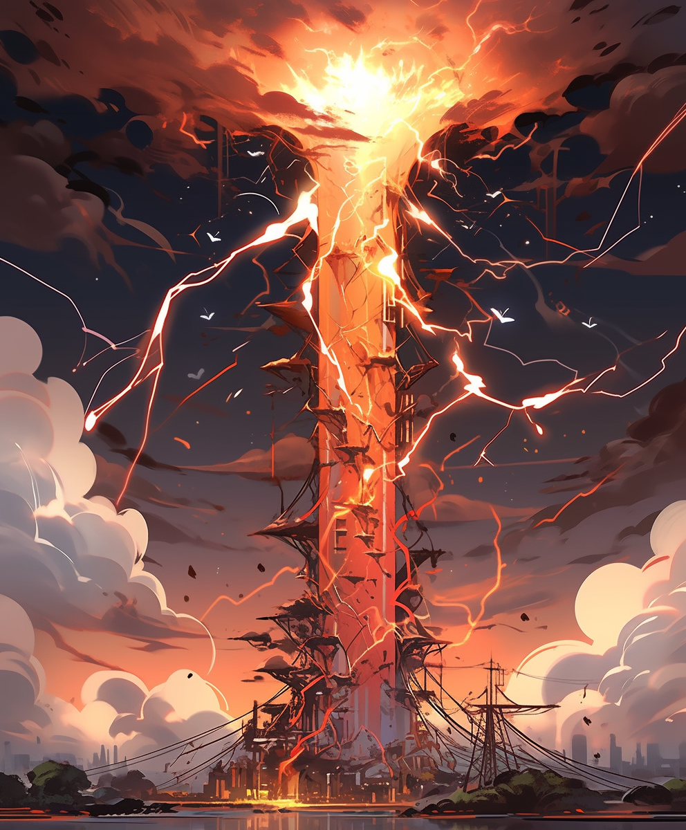 Fantasy Tesla Tower in Orange Lightning