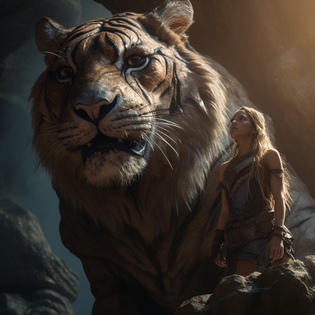 Majestic fantasy tiger standing with climbing girl