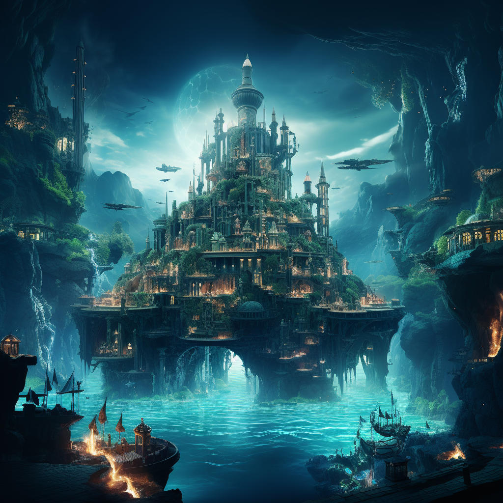 Stunning view of an underwater city temple