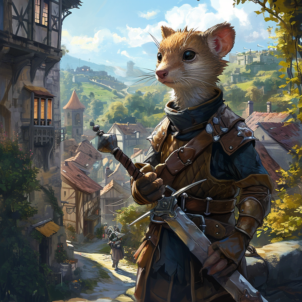 Weasel in Medieval Armor Defending Town