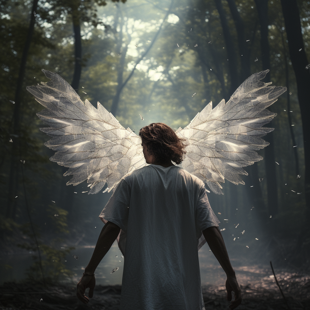 Fantasy young man with spread white wings