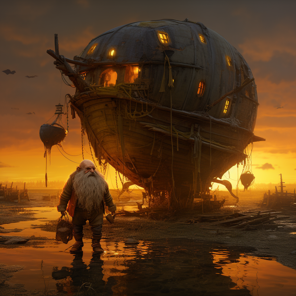 Gnome pulling muddy airship at sunset