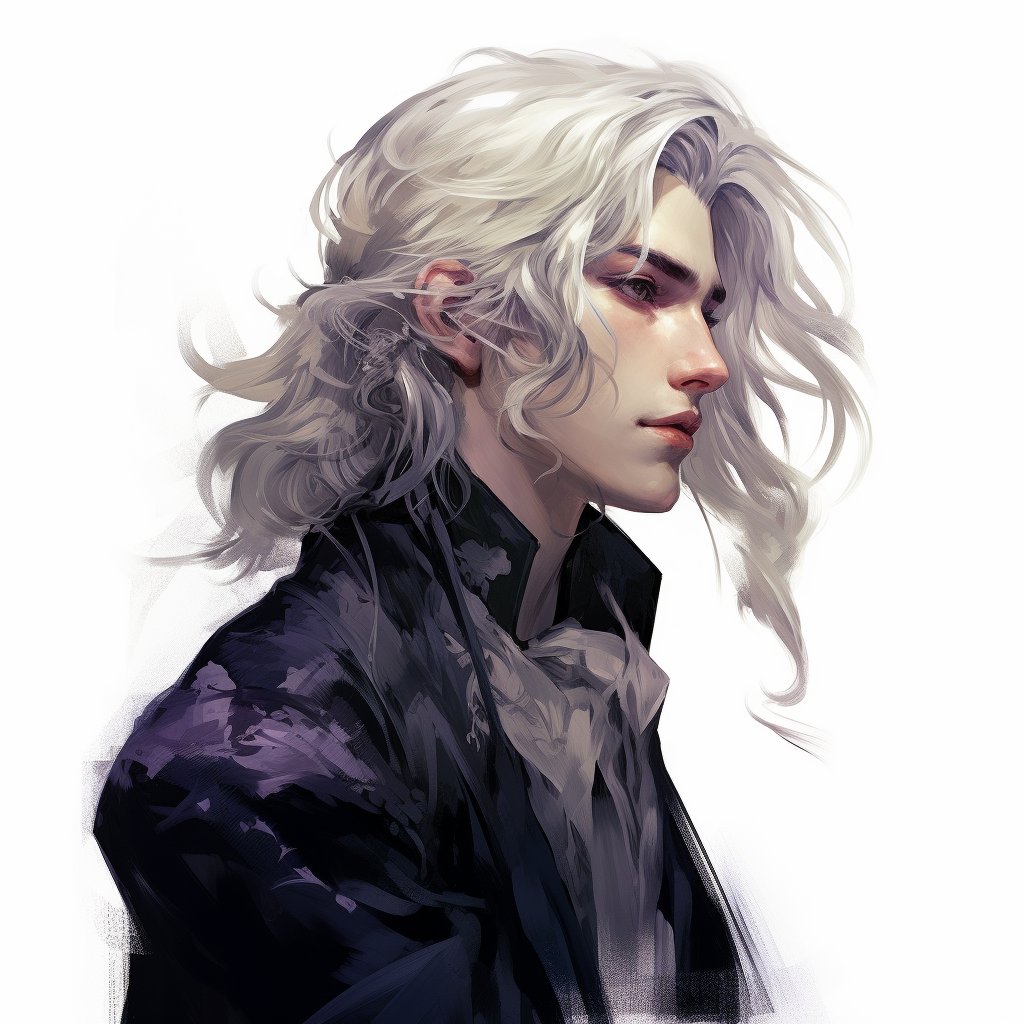 Androgynous man with long white hair in profile