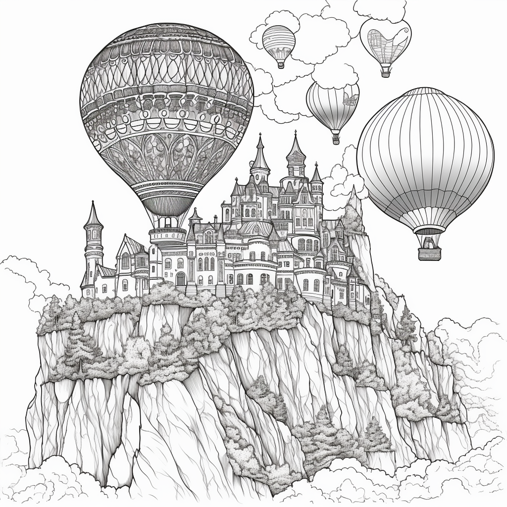 Fantasy Balloon Castle Coloring Book Style