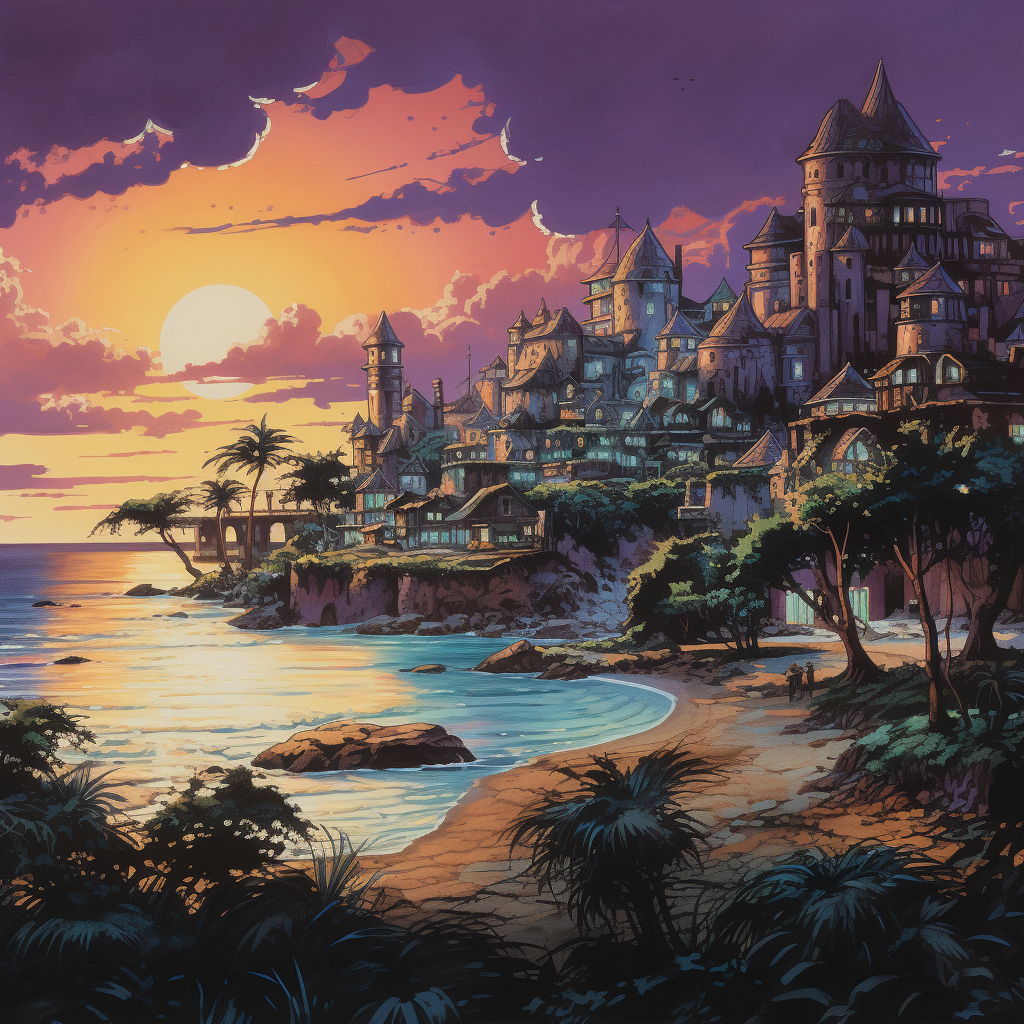 Stunning fantasy beach town with dark manor