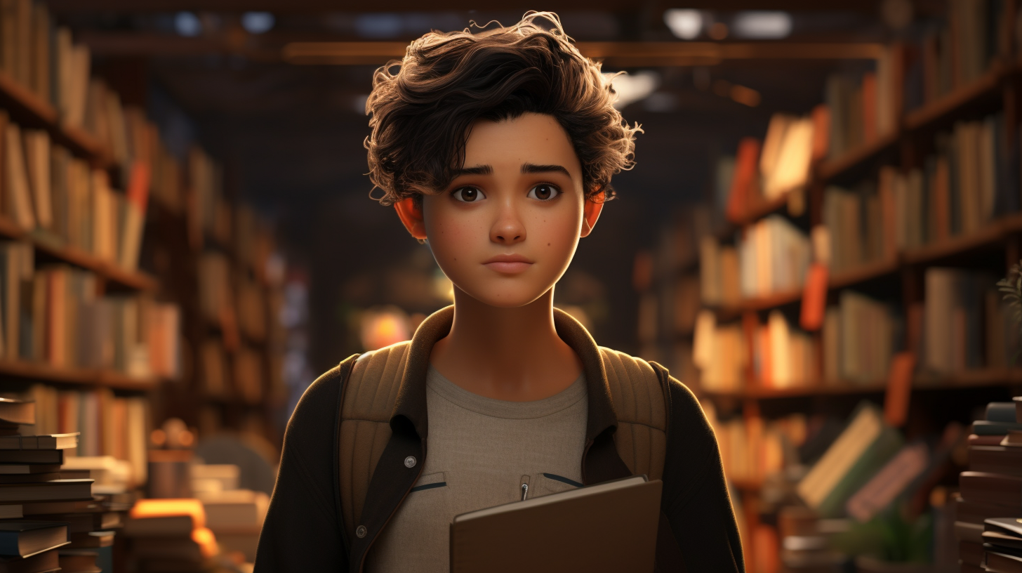 Androgynous fantasy book character holding books