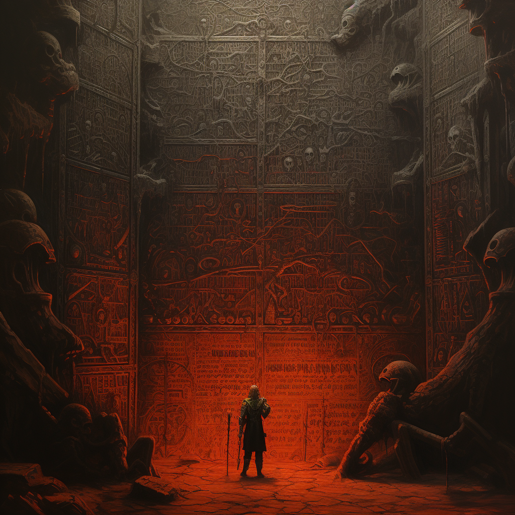 Dark fantasy book cover with wall inscriptions