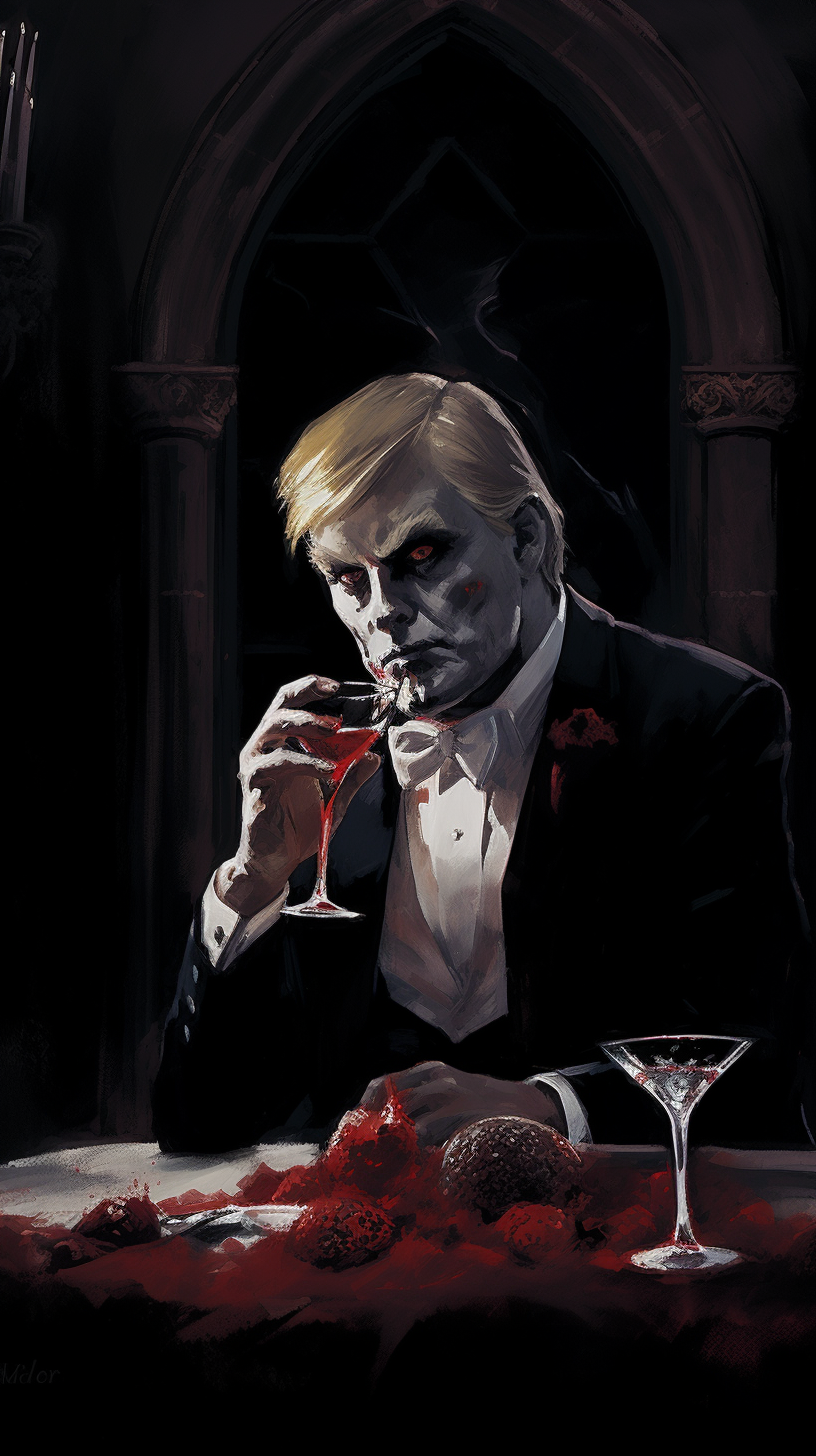 Donald Trump in vampire attire drinking wine