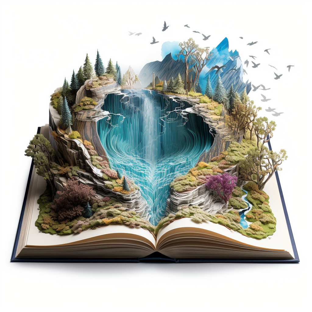 A stunning fantasy landscape in an open book