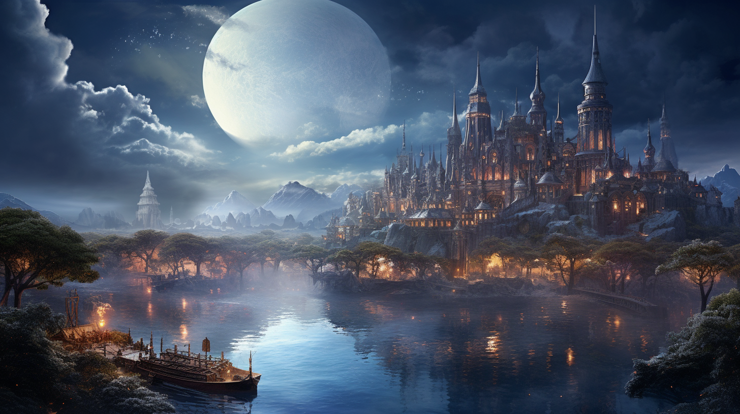 A captivating fantasy city near a serene lake