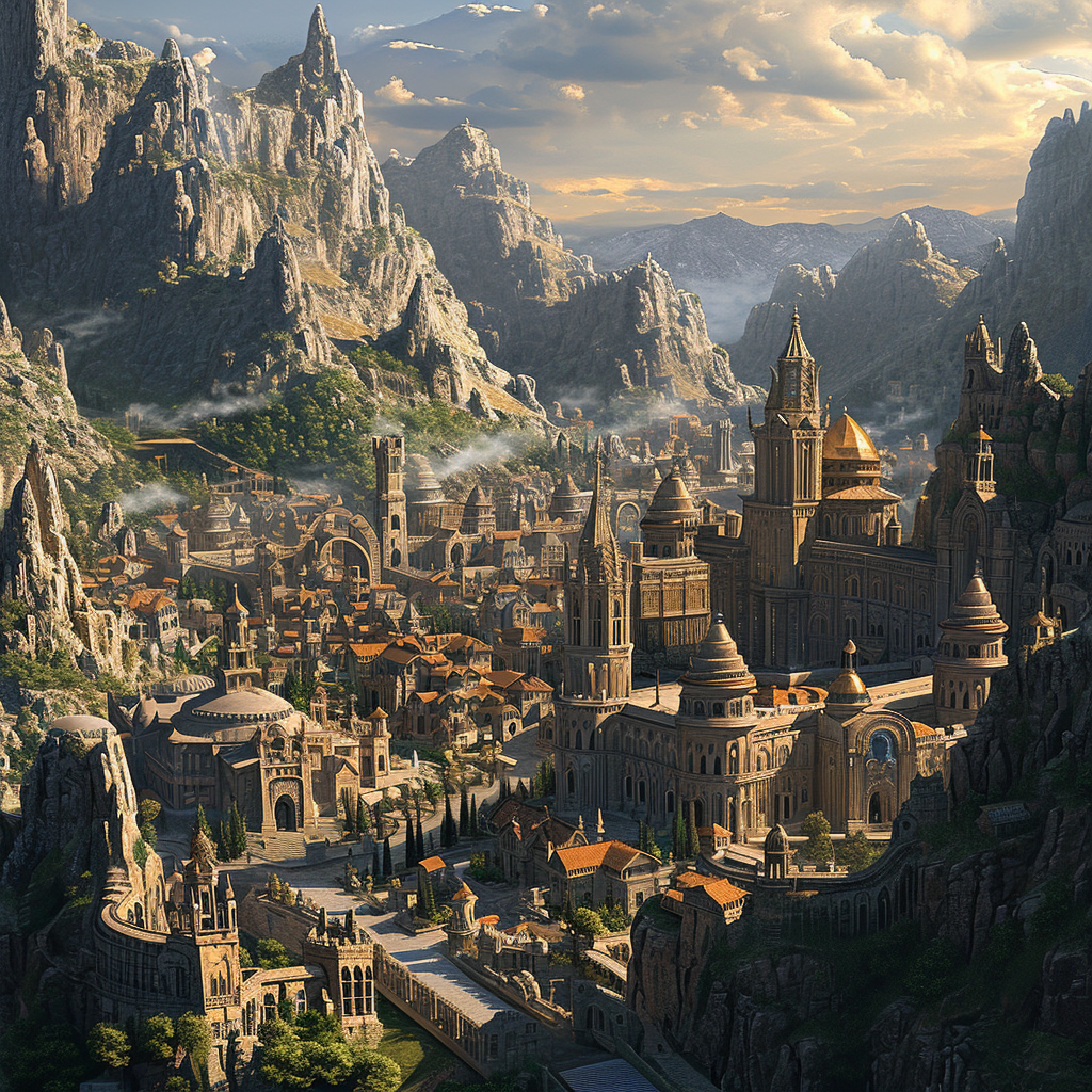 Fantasy City Stone Buildings Mountains