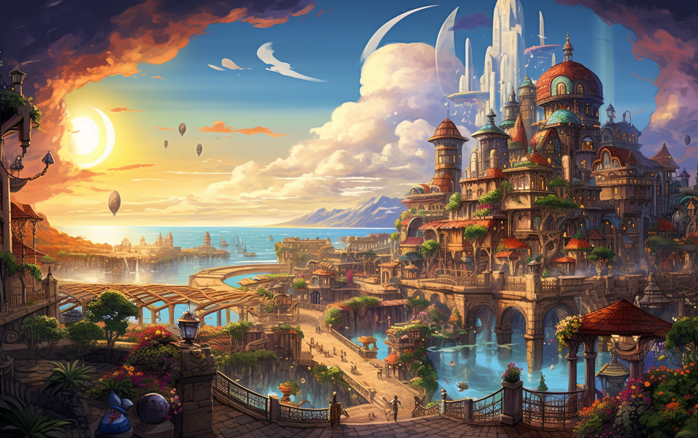 Picturesque fantasy coastal city artwork