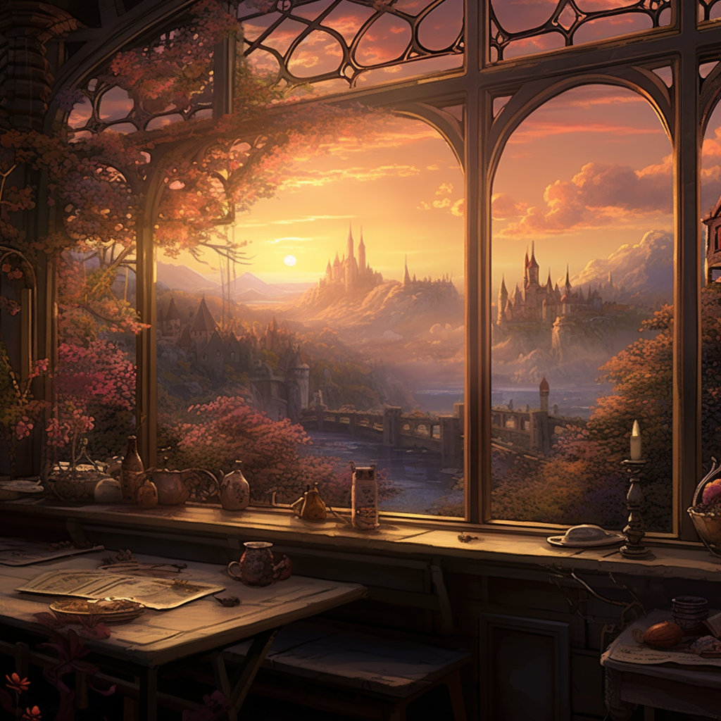 Softly colored fantasy dawn scenery with machine decoration