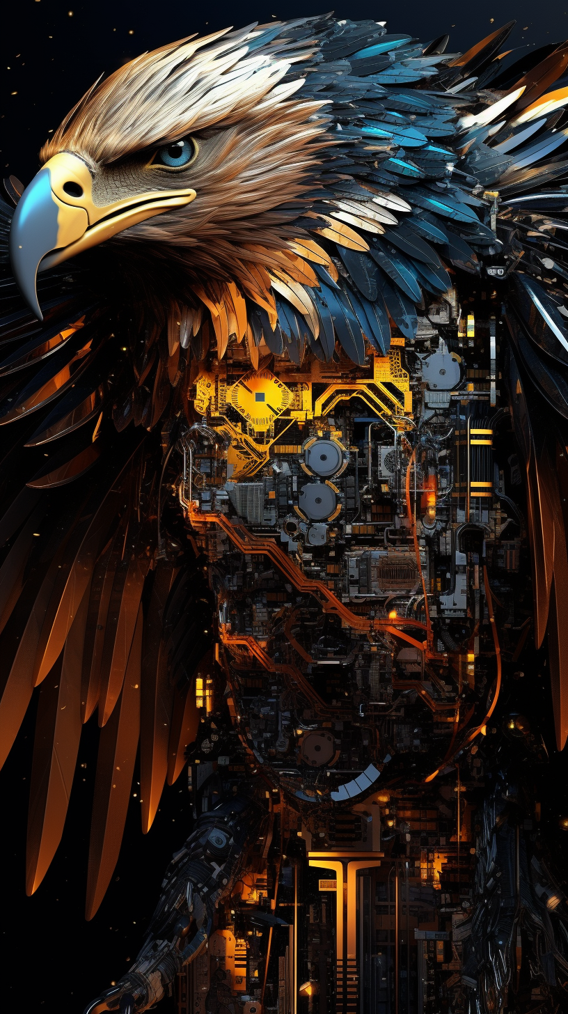 Fierce fantasy eagle with golden feathers and quantum chip