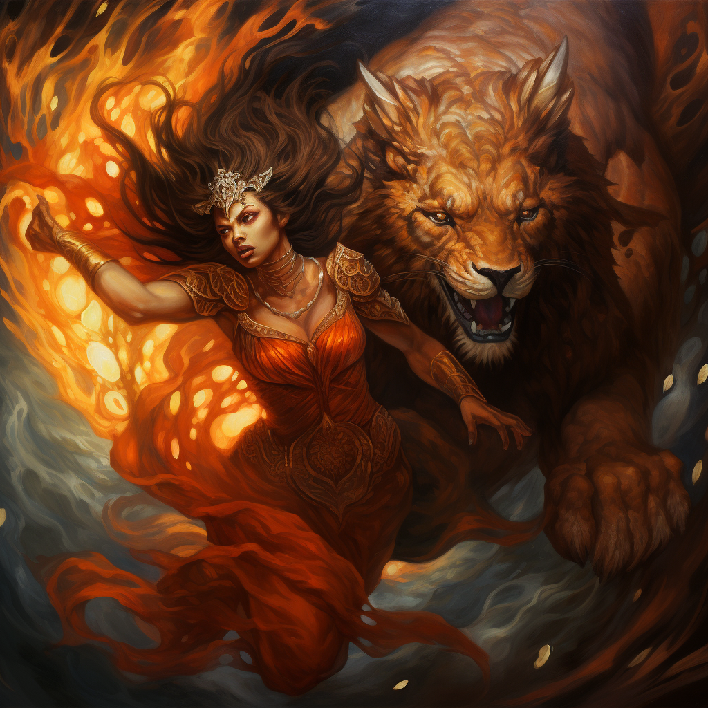 Goddess transforming into beast, dynamic angle, orange and brown highlights