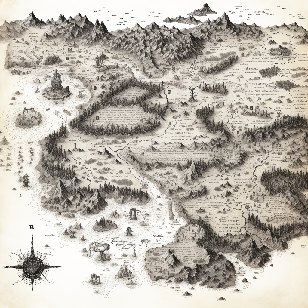 Black and white hand-inked fantasy map