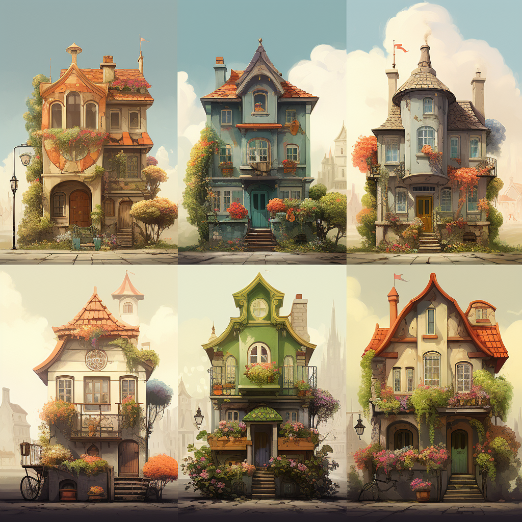 Row of Fantasy Houses with Flowers