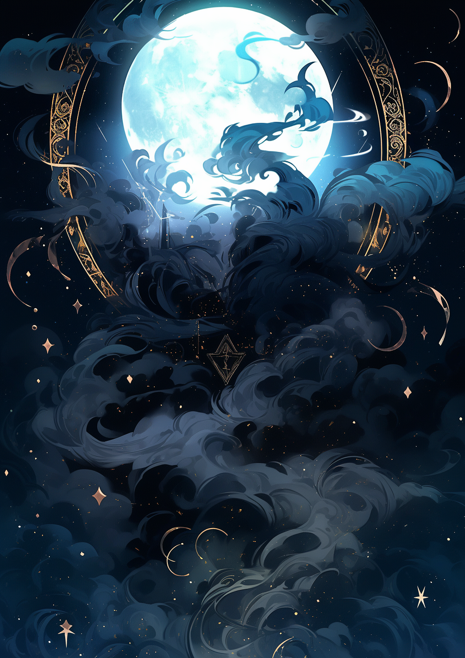 Ethereal fantasy artwork with moon and black aura