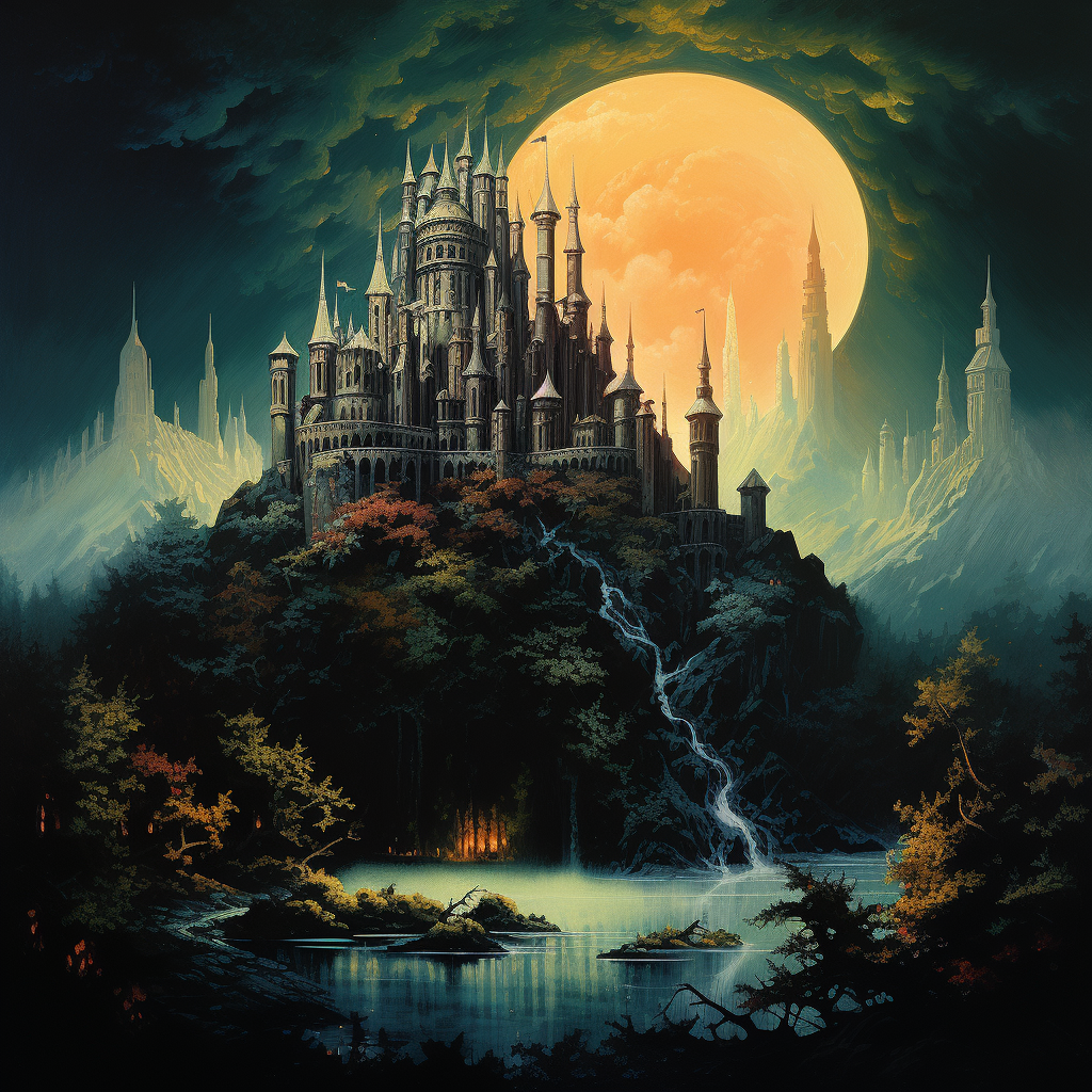 Dark fantasy book cover art showing floating island with warm castle and forest