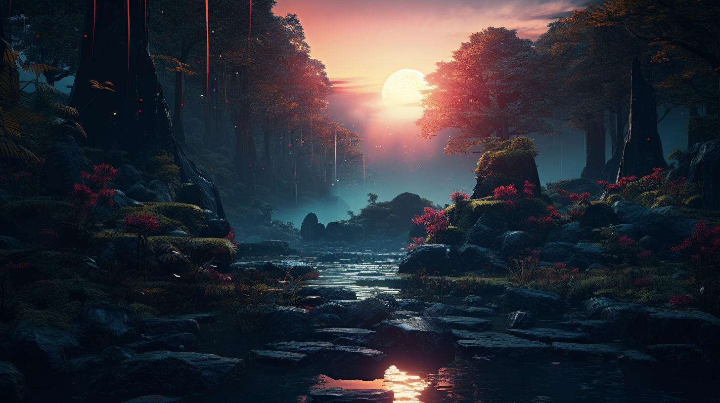 Serene Evening in Fantasy Japanese Forest