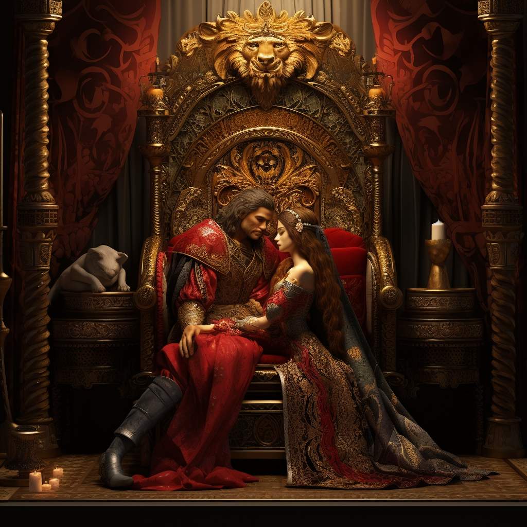 Fantasy Lord resting on bed with maiden