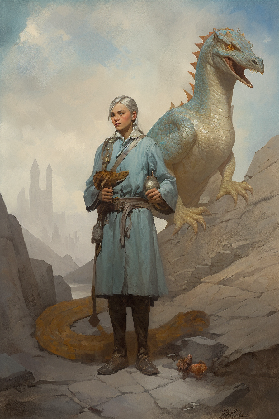 Baby blue dragon in a fantasy medieval painting