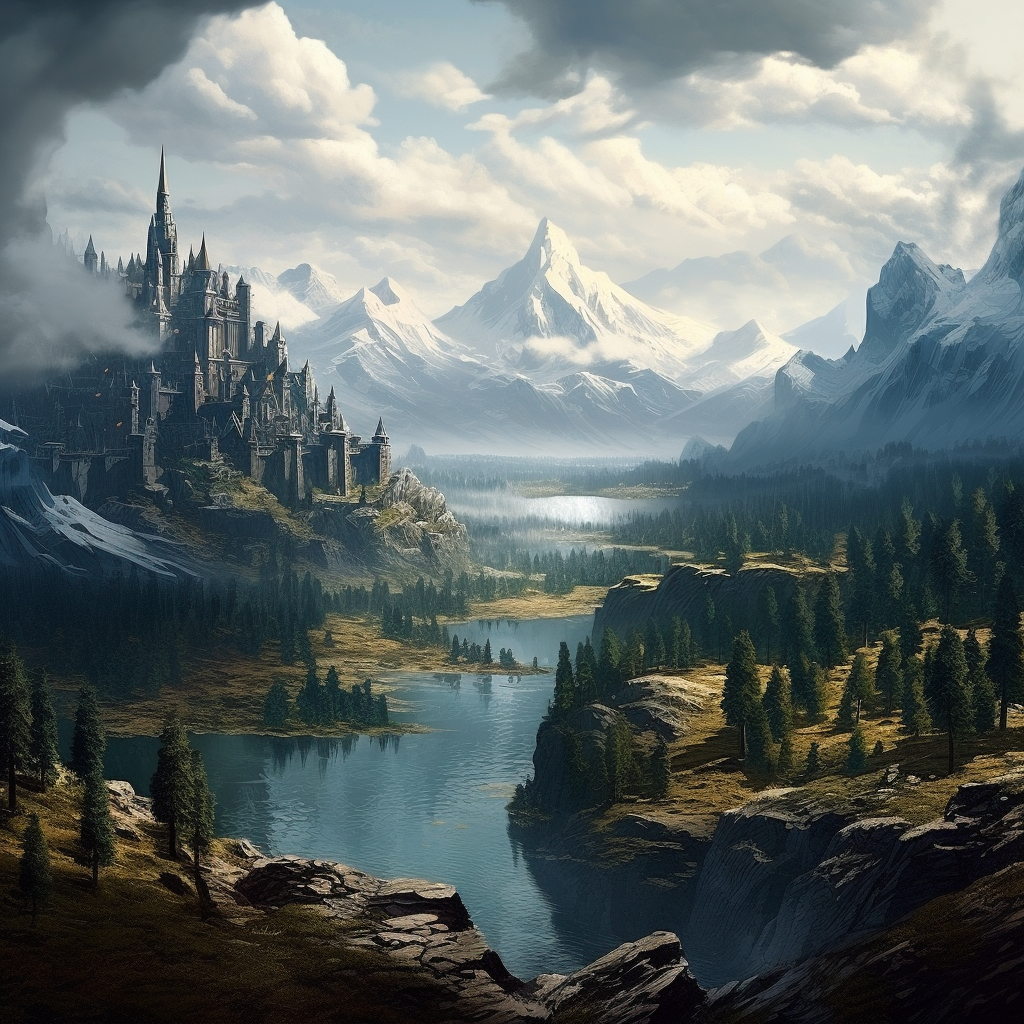 Fantasy Medieval Landscape with Mountains, Lakes, and Forests