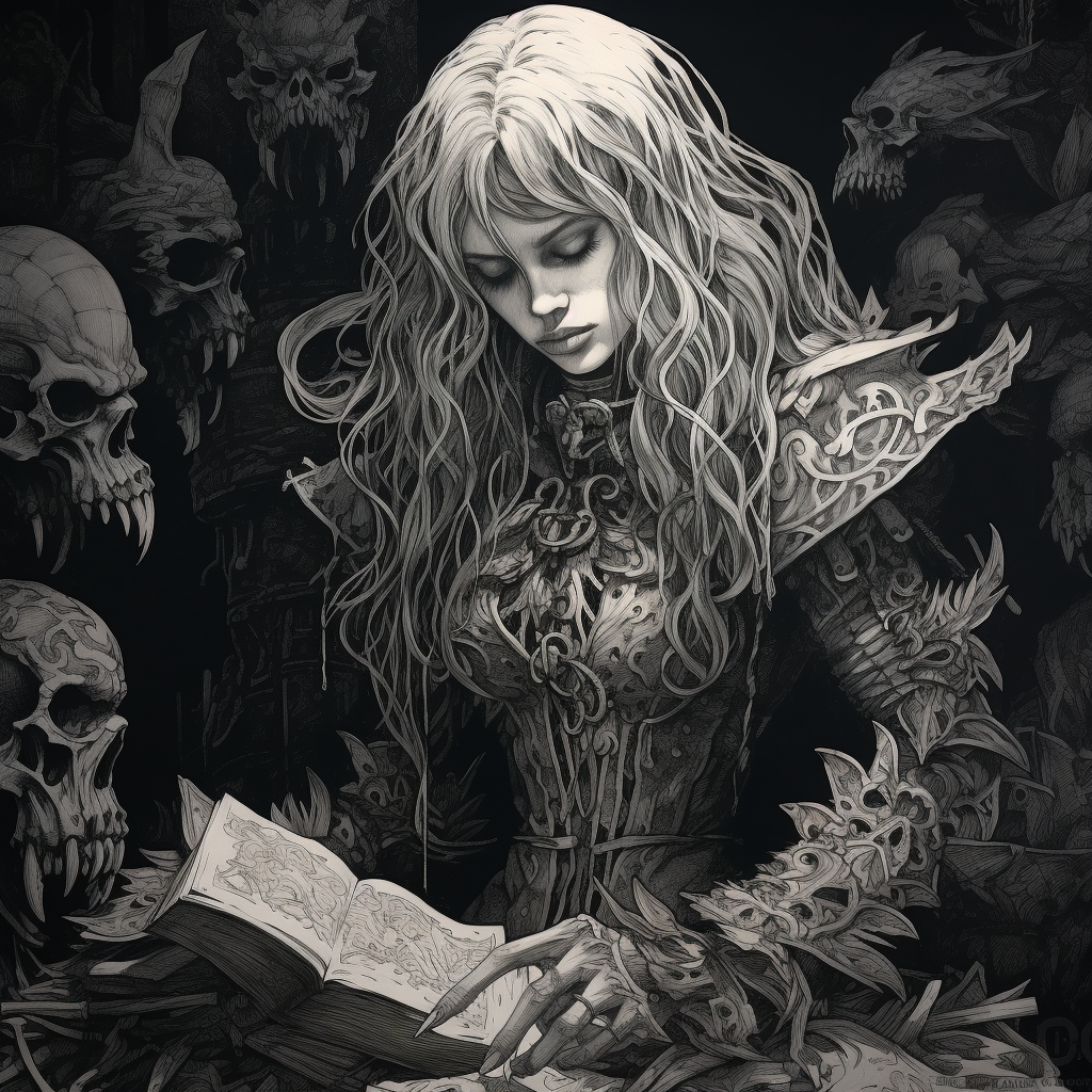 Dark fantasy art of a powerful necromancer woman