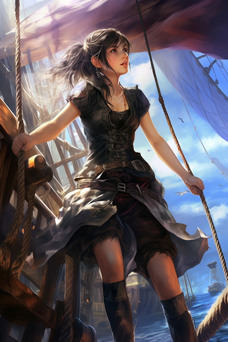 Fantasy pirate girl drying laundry on pirate ship