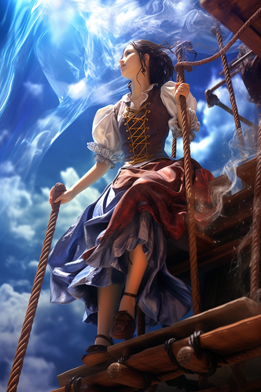 Anime girl drying laundry on pirate ship