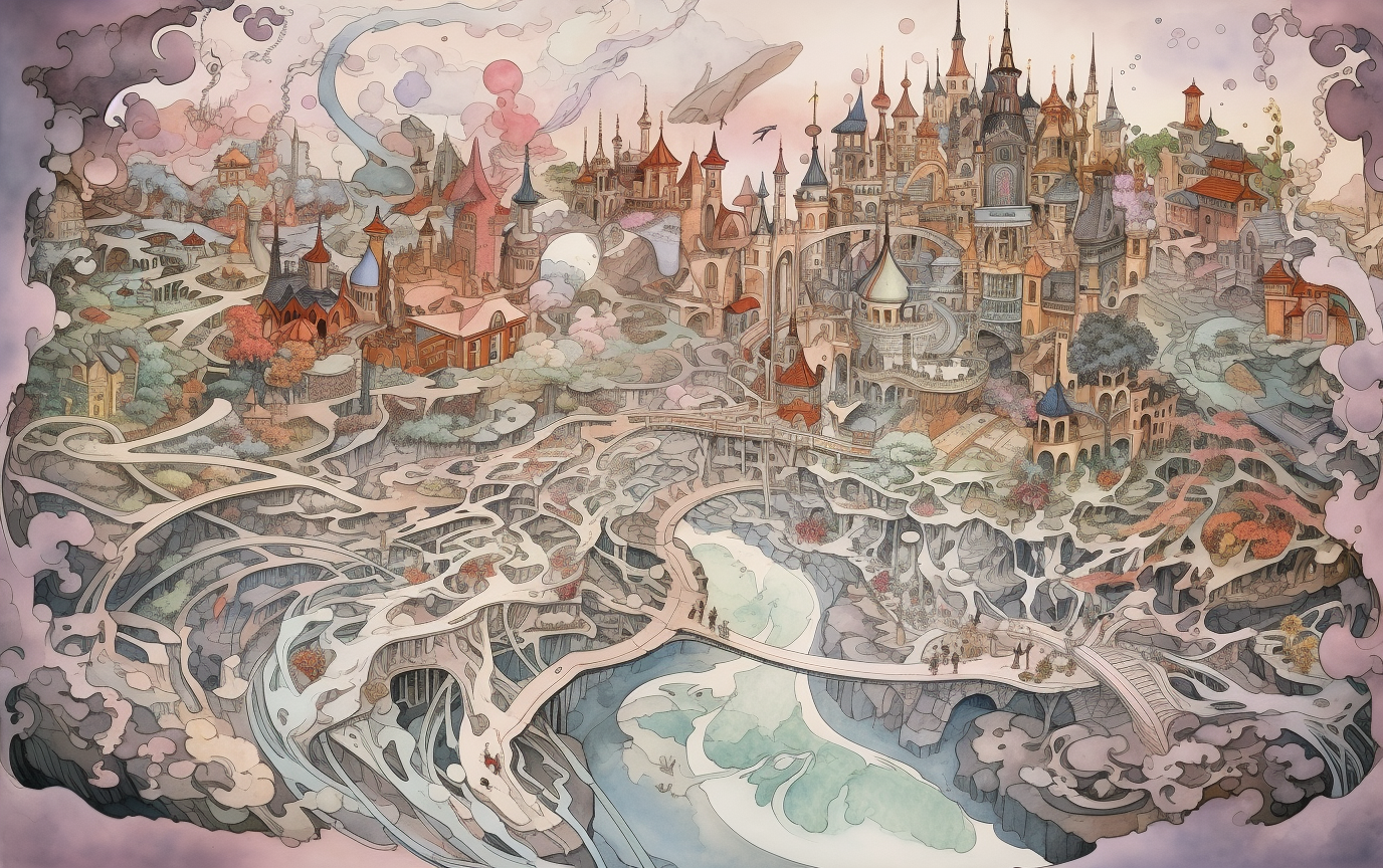 Artistic depiction of a fantasy realm map