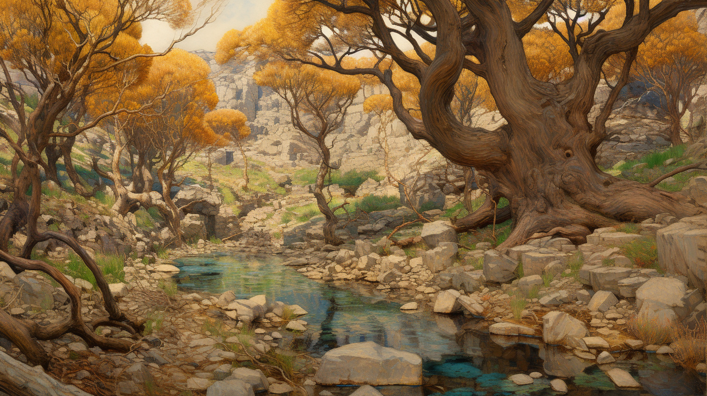 Painting of Fantasy Scene with Ancient Trees