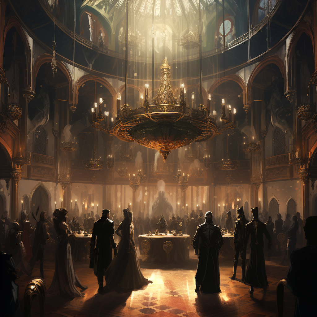 Steampunk reception hall with chandelier and cloaked people